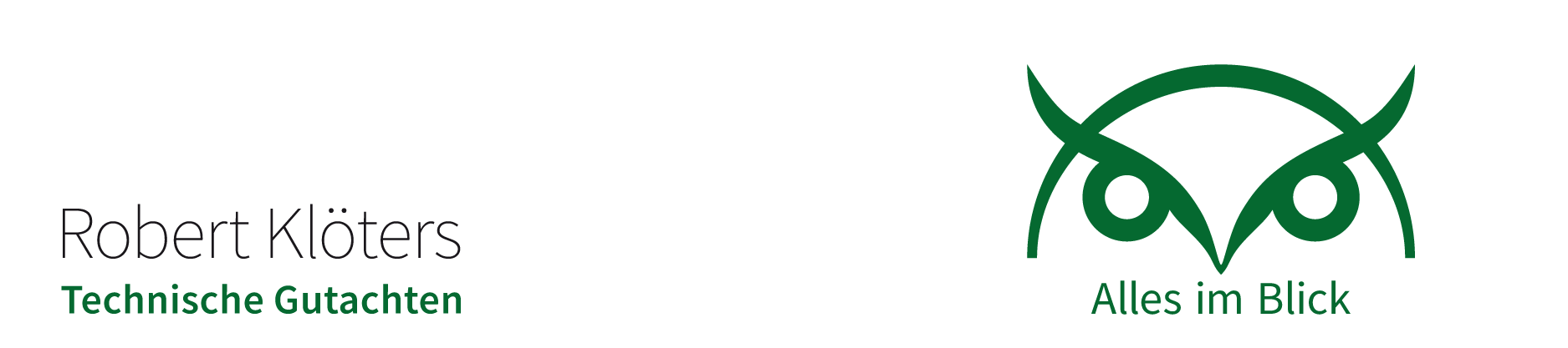 Hier steht auf der linken Seite »Robert Klöters Technische Gutachten« geschrieben und auf der rechten Seite ist das Logo, ein Eulenkopf, zu sehen.